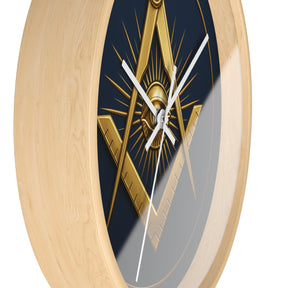 Master Mason Blue Lodge Clock - Wood Frame with Eye Square & Compass Symbol - Bricks Masons