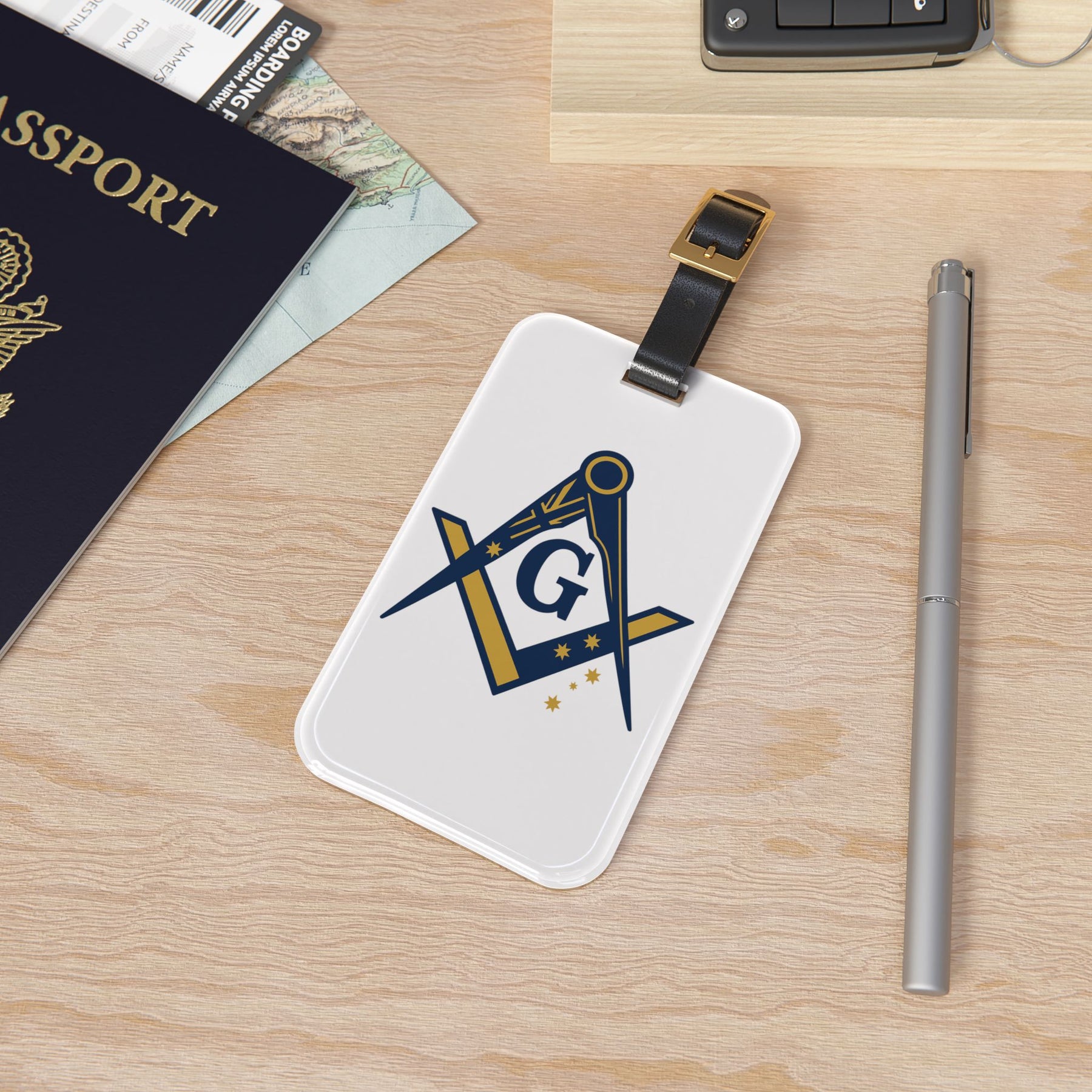 Master Mason Blue Lodge Australia Jurisdiction Luggage Tag - S&C G Black Leather Strap - Bricks Masons