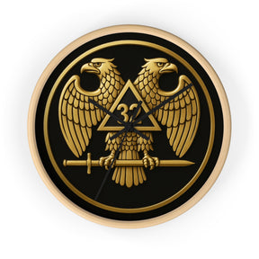 32nd Degree Scottish Rite Clock - Double Headed Eagle Emblem on Wood Frame - Bricks Masons