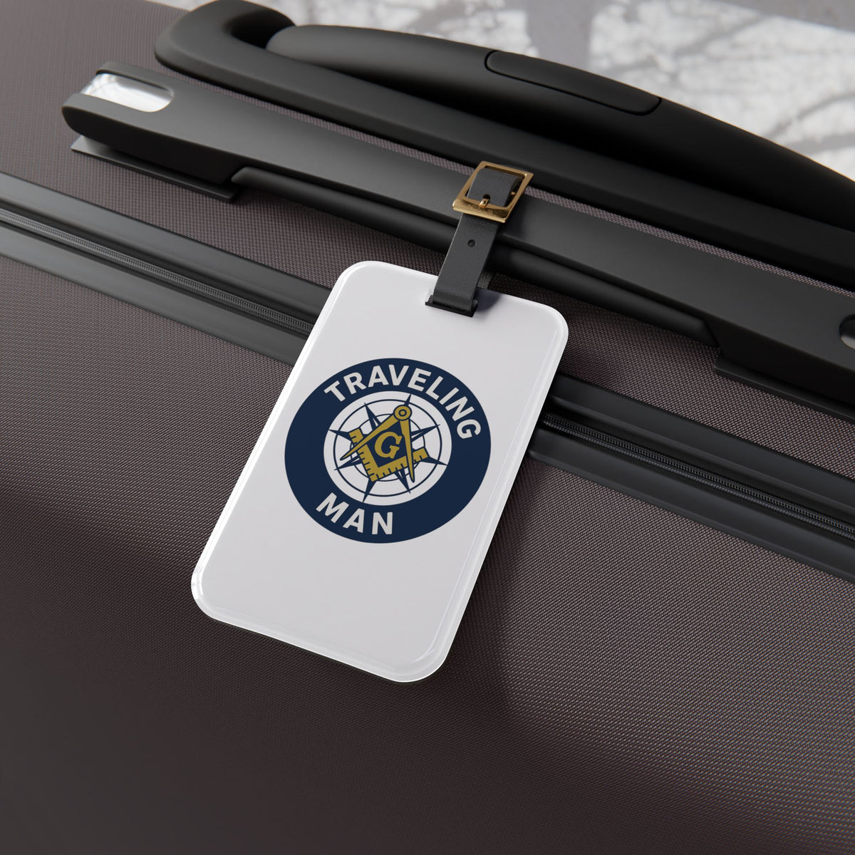 Master Mason Blue Lodge Luggage Tag - Traveling Man With Black Leather Strap - Bricks Masons