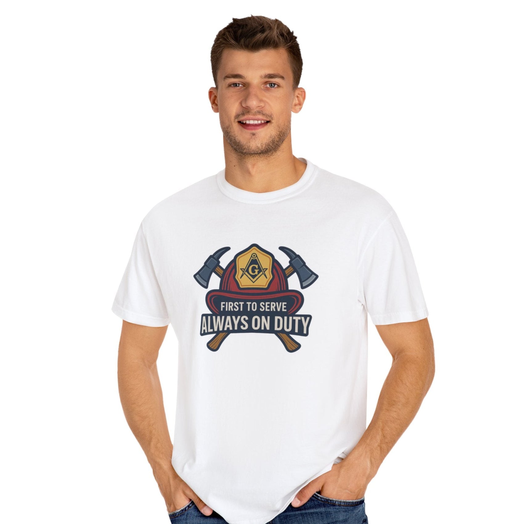 Master Mason Blue Lodge T-Shirt - Garment-Dyed Firefighter Tee - Bricks Masons