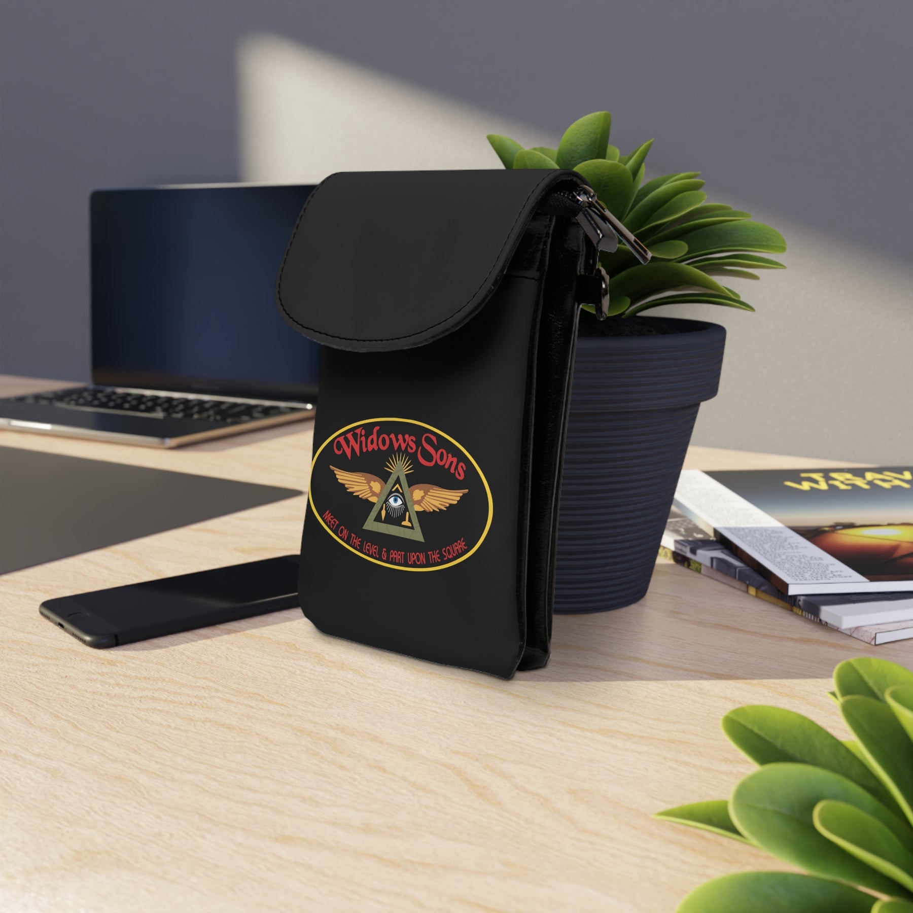 Widows Sons Cell Phone Wallet - Black Microfiber Leather With Adjustable Strap - Bricks Masons