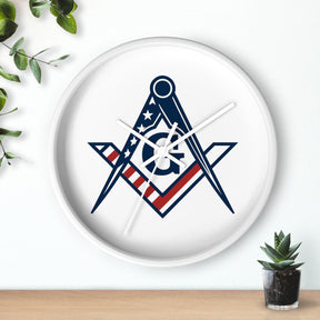 Master Mason Blue Lodge Clock - Square & Compass G with American Flag Design - Bricks Masons