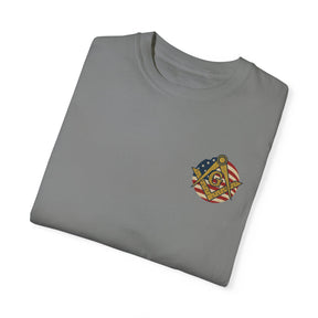 Master Mason Blue Lodge T-Shirt - Garment-Dyed US Flag Square & Compass G - Bricks Masons