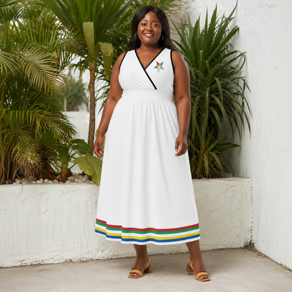 Worthy Matron OES Dress - Sleeveless White with Colorful OES Star & Colors - Bricks Masons