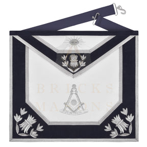 Past Master Blue Lodge Apron - Navy Velvet & Silver Bullion Hand Embroidery - Bricks Masons