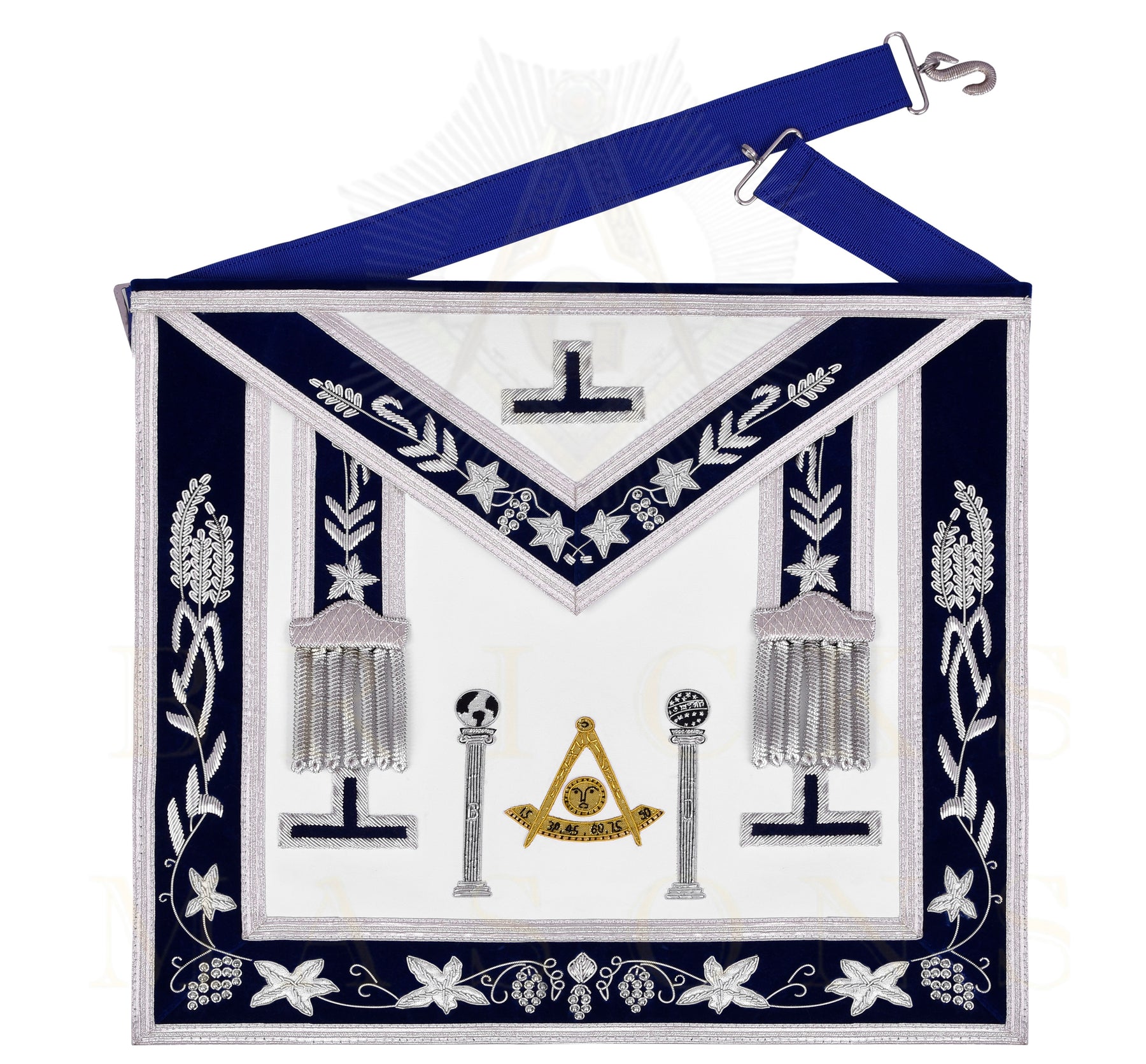 Past Master Blue Lodge Apron - Navy Velvet & Silver Bullion Hand Embroidery With Pillars - Bricks Masons