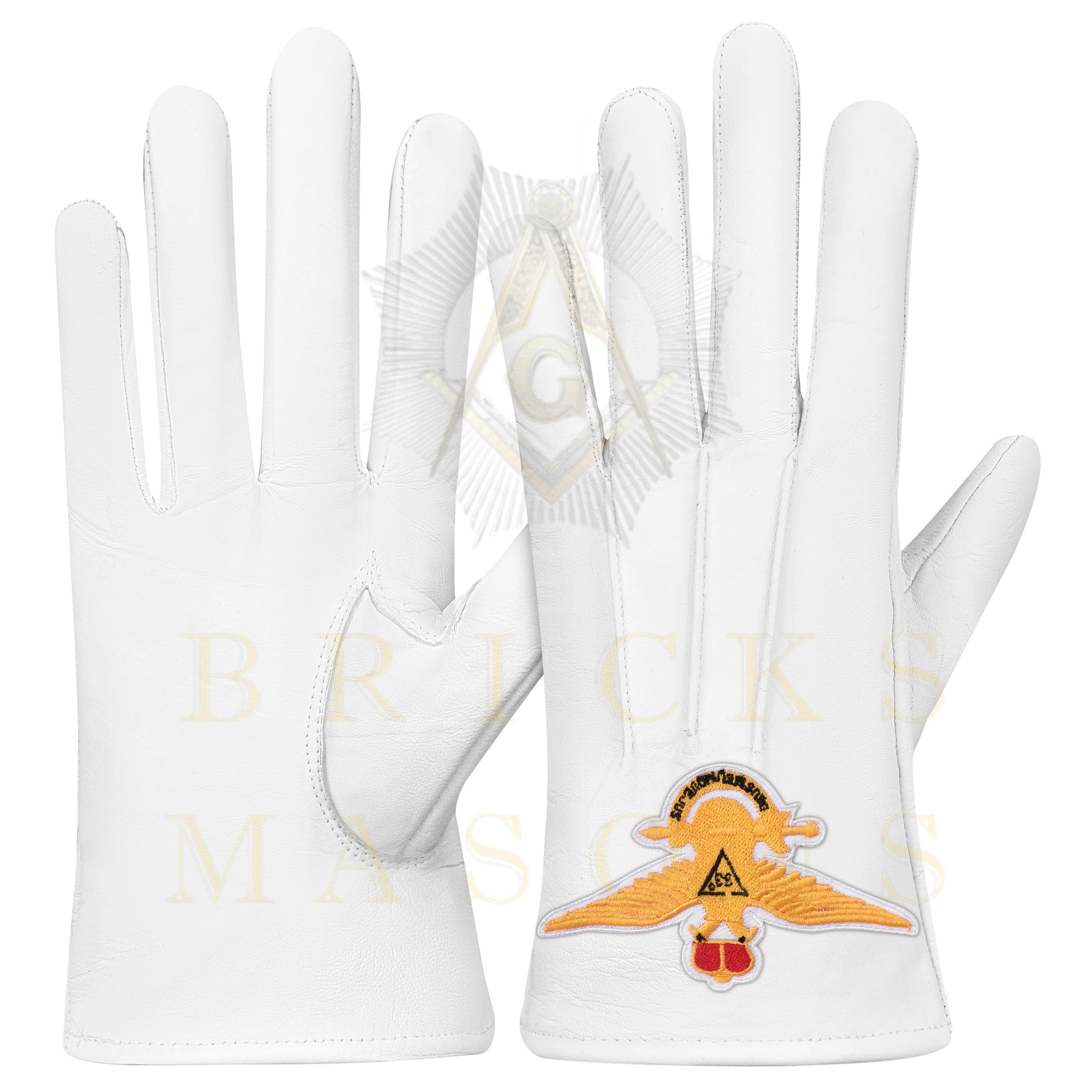 33rd Degree Scottish Rite Gloves - White Leather Eagle Patch Wings Up - Bricks Masons