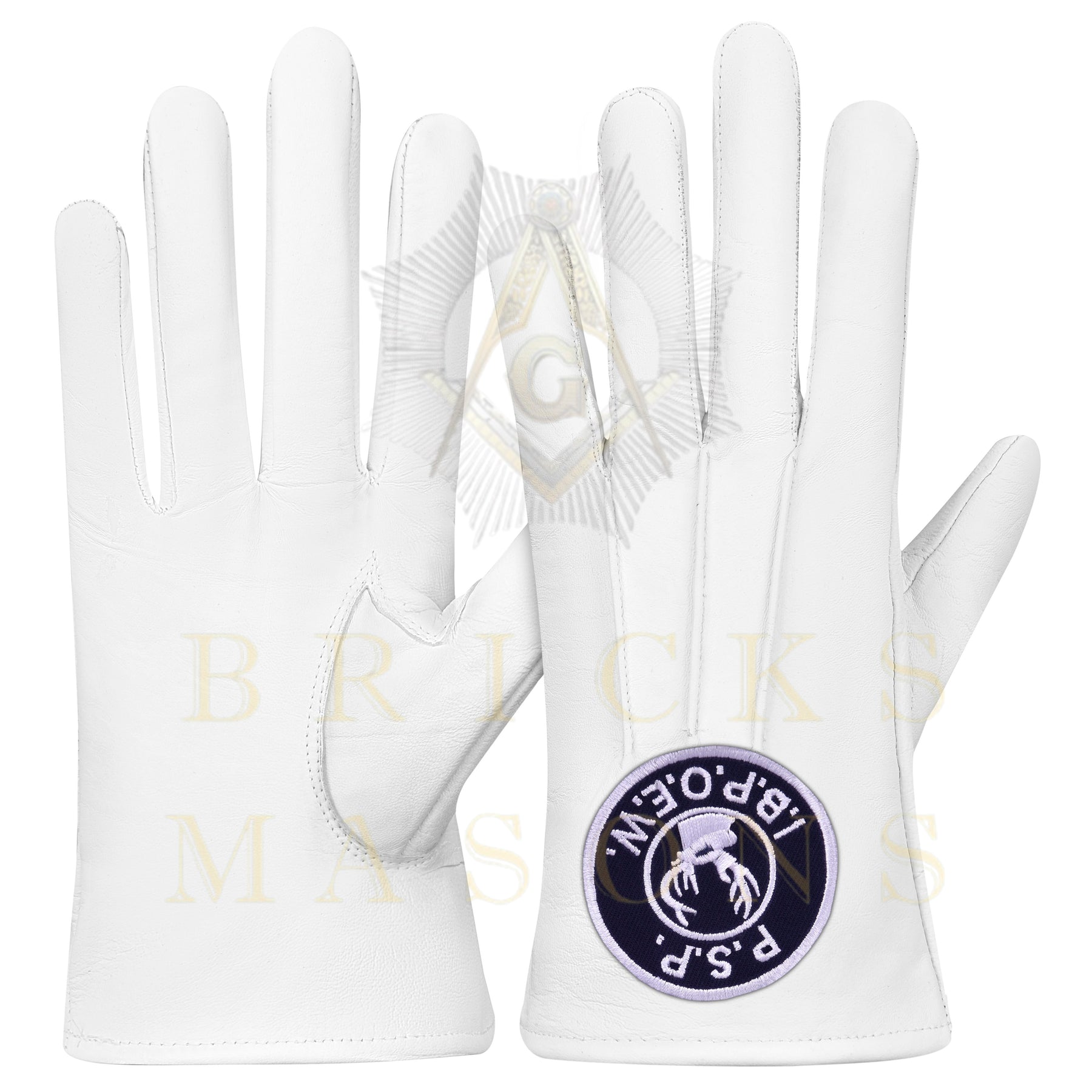 Past State President Elks of the World Gloves - White Leather - Bricks Masons