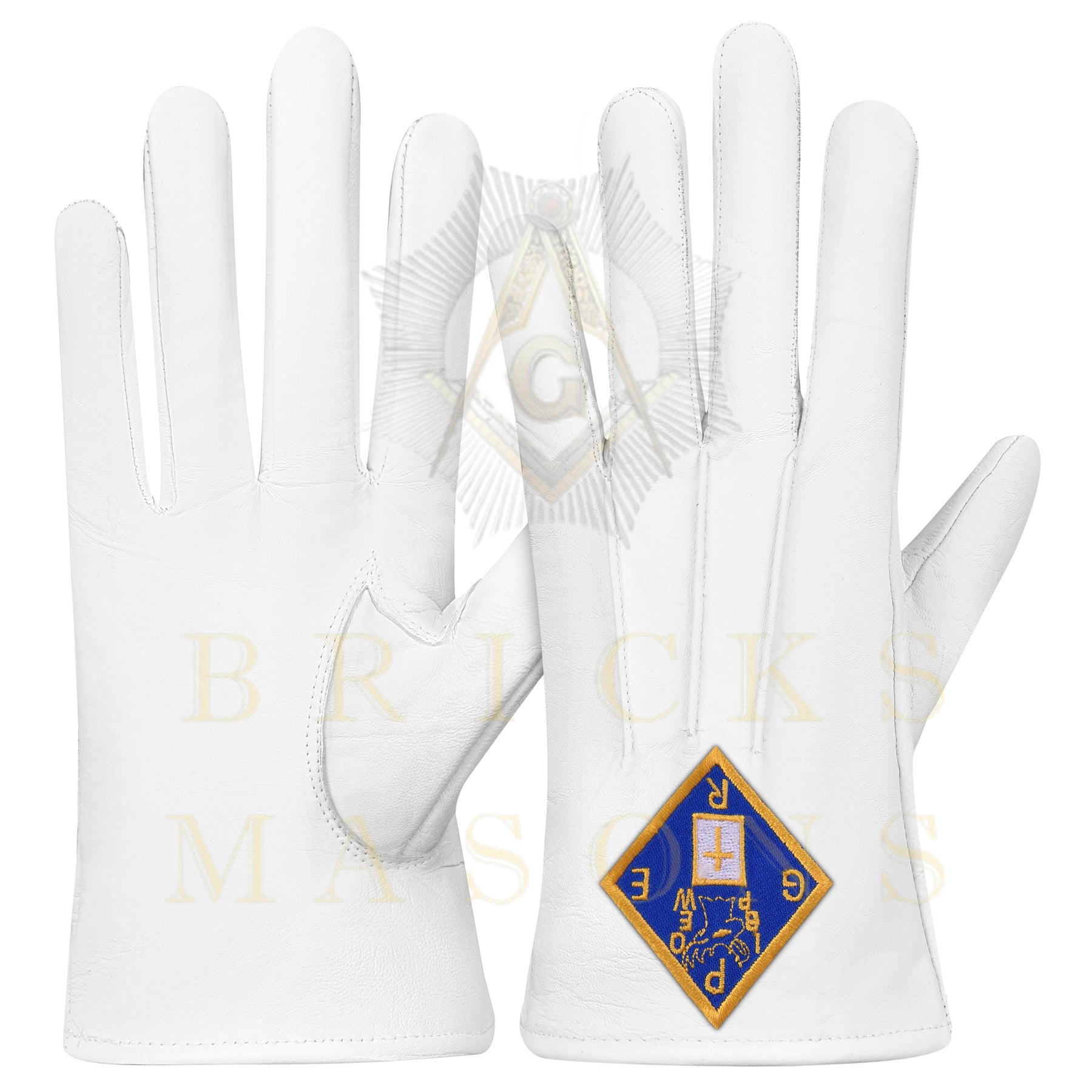 Past Grand Exalted Ruler Elks of the World Gloves - White Leather - Bricks Masons