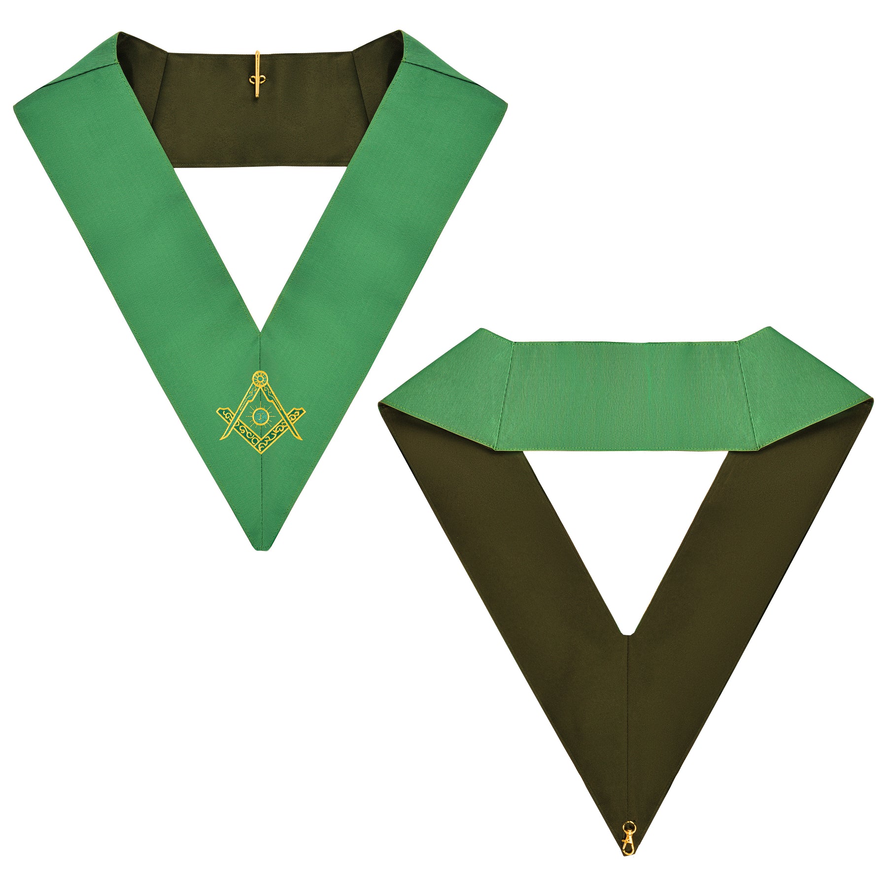 Senior Deacon Cerneau Rite Officer Collar - Green Ribbon Machine Embroidery