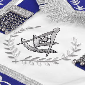 Past Master Blue Lodge California Regulation Apron - Blue Ribbon Silver Bullion With Wreath & Fringe