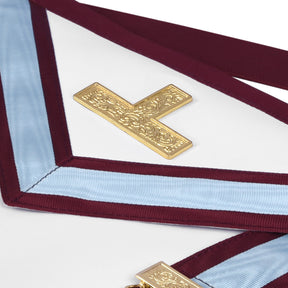 Worshipful Master Emulation Rite English Regulation Apron - Turquoise & Maroon Moire with Gold Triple Taus