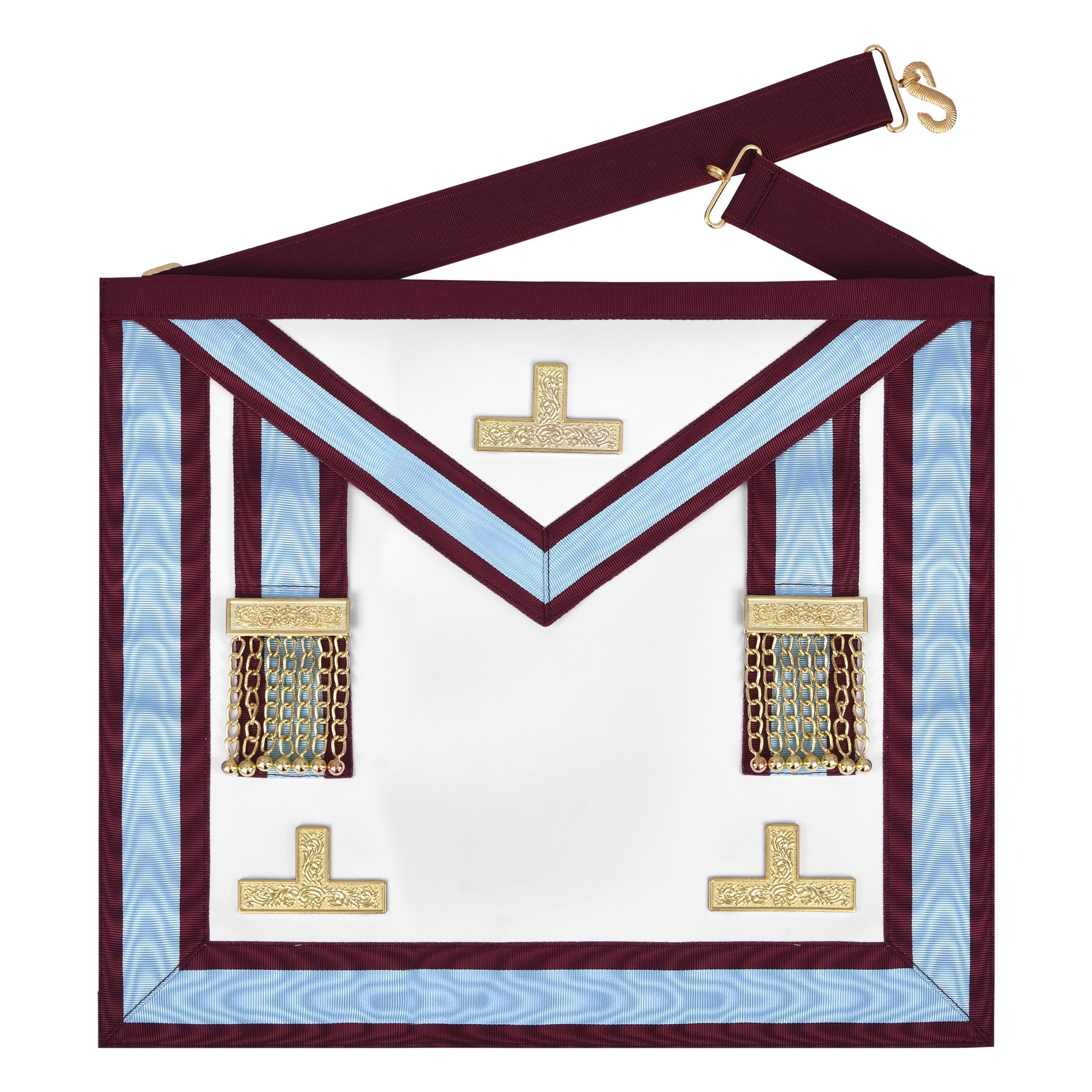 Worshipful Master Emulation Rite English Regulation Apron - Turquoise & Maroon Moire with Gold Triple Taus