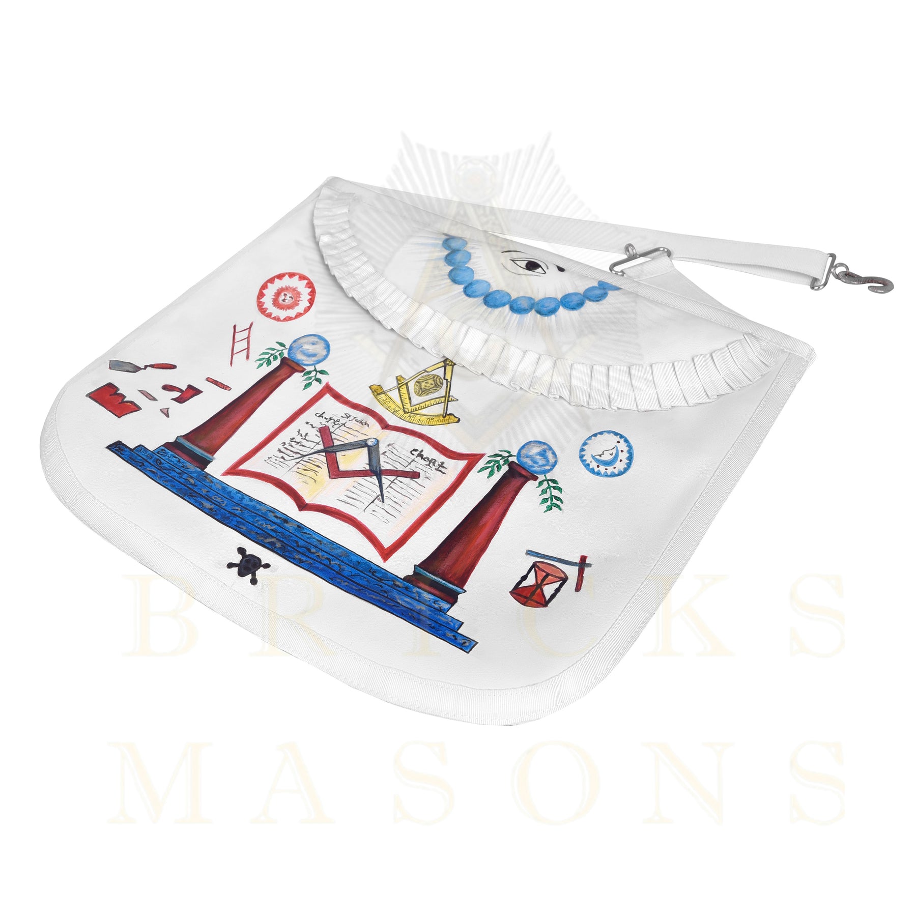 Hand-Painted Apron - Lambskin The Two Pillars of Jachin & Boaz - Bricks Masons