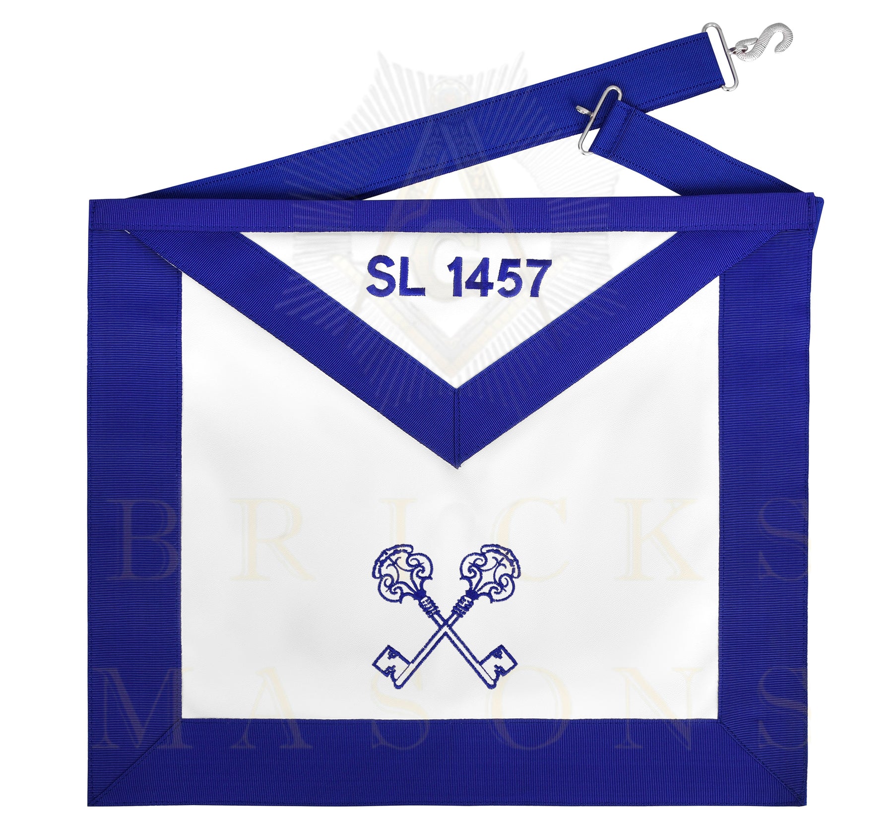 Treasurer Blue Lodge Officer Apron - Blue Ribbon With Machine Embroidery Customizable Flap - Bricks Masons