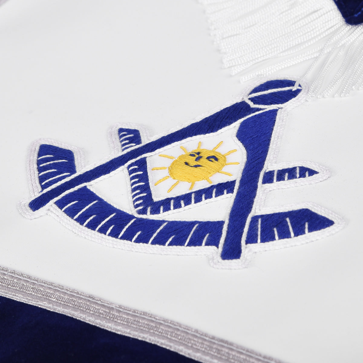 Past Master Blue Lodge Apron - Hand Embroidery With Silver Fringe & Tassels - Bricks Masons