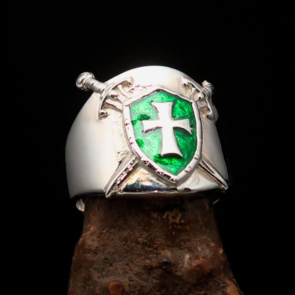 Knights Templar Commandery Ring - Green Templar Shield Cross Sterling Silver