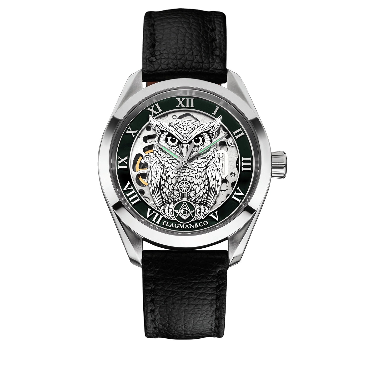 Master Mason Blue Lodge Wristwatch - Green Bezel Square & Compass G with Owl