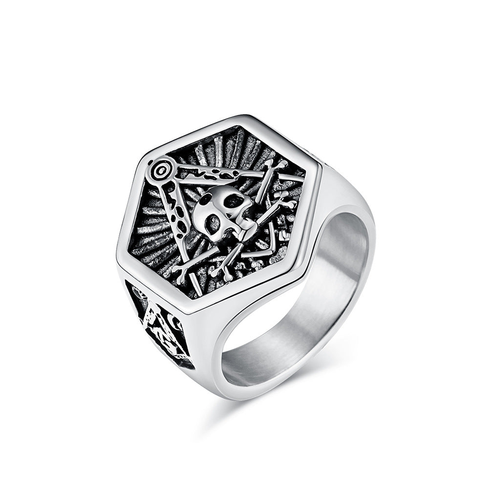 Master Mason, Widows Sons Blue Lodge Ring - Hexagon Silver Skull & Bones - Bricks Masons