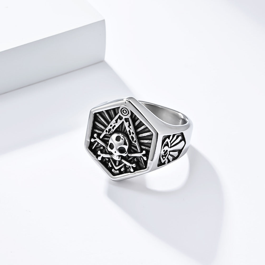 Master Mason, Widows Sons Blue Lodge Ring - Hexagon Silver Skull & Bones - Bricks Masons