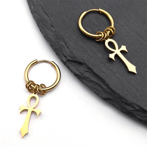 Ancient Egypt Earring - Gold Plated Stainless Steel Ankh Cross Dangle Style - Bricks Masons