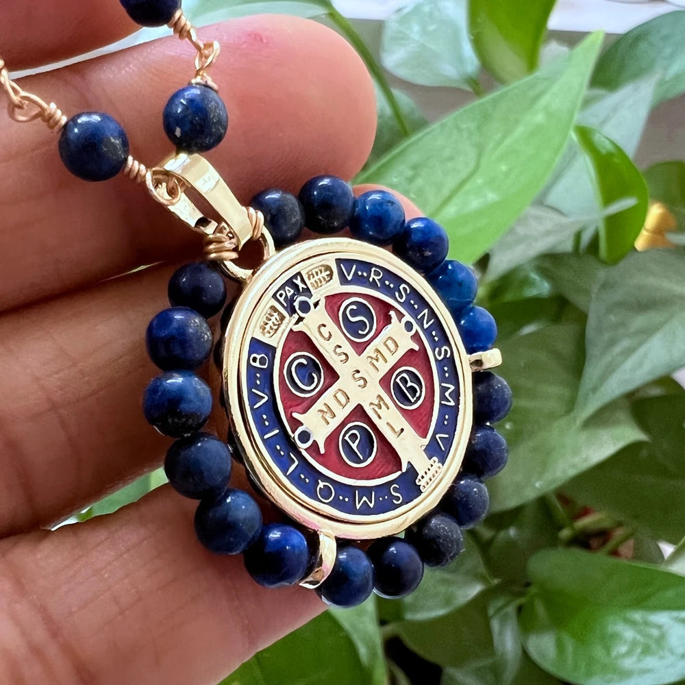 Knights Templar Commandery Necklace - Saint Benedict Natural Lapis Beads - Bricks Masons