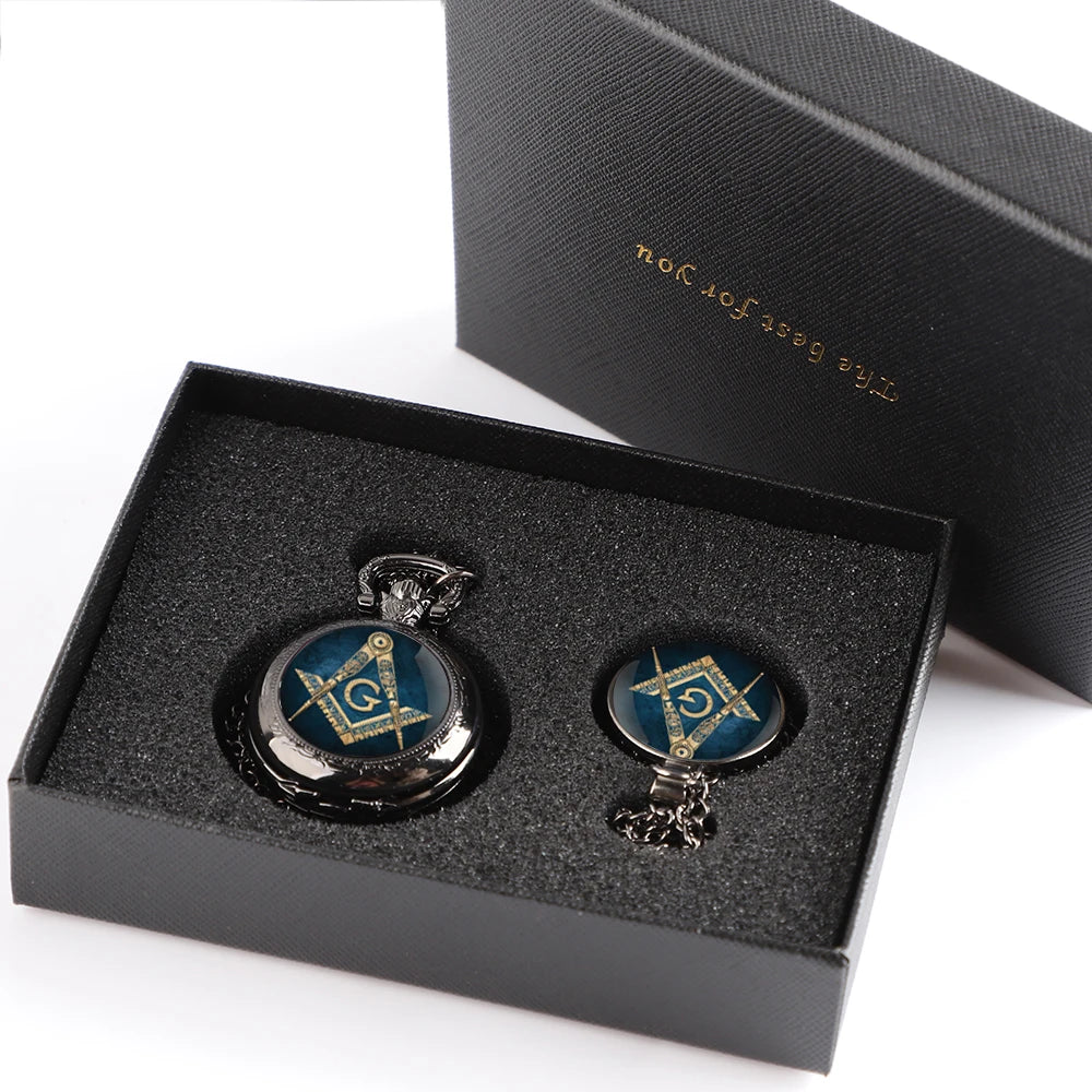 Master Mason Blue Lodge Pocket Watch - Pendant Chain Classic Design Quartz Case - Bricks Masons