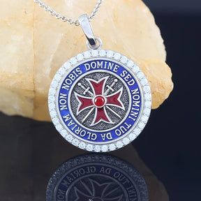 Knights Templar Pendant - Convexity Round Red Cross Frame Sword Sterling Silver - Bricks Masons