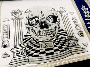 Master Mason Blue Lodge Apron - Skull Pillars Masters Carpet Silver Embroidery