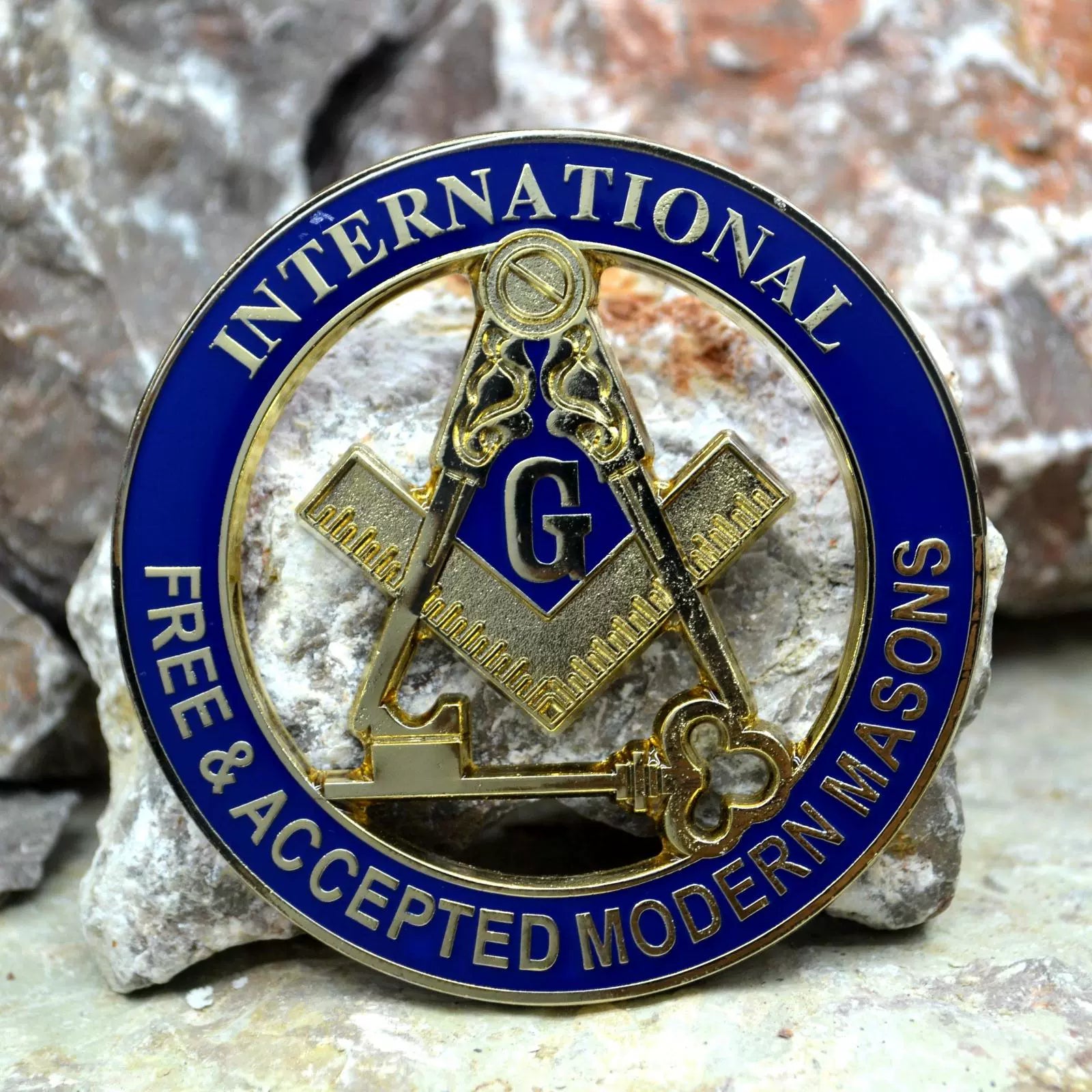 Master Mason Blue Lodge Car Emblem - Gold & Blue Plated International Free & Accepted Modern Masons - Bricks Masons