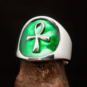 Ancient Egypt Ring - Green Sterling Silver Ankh - Bricks Masons