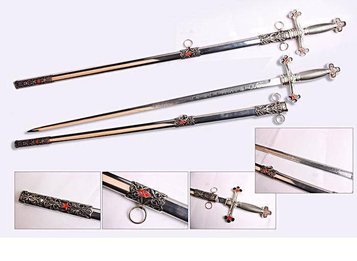 Fellowcraft Blue Lodge Sword - Square Compass Officer Red Star 39.5" - Bricks Masons