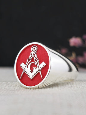 Master Mason Blue Lodge Ring - Red With Silver Square & Compass G - Bricks Masons