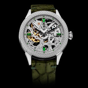 Master Mason Blue Lodge Wristwatch - Silver Skeleton & Green Leather Strap - Bricks Masons