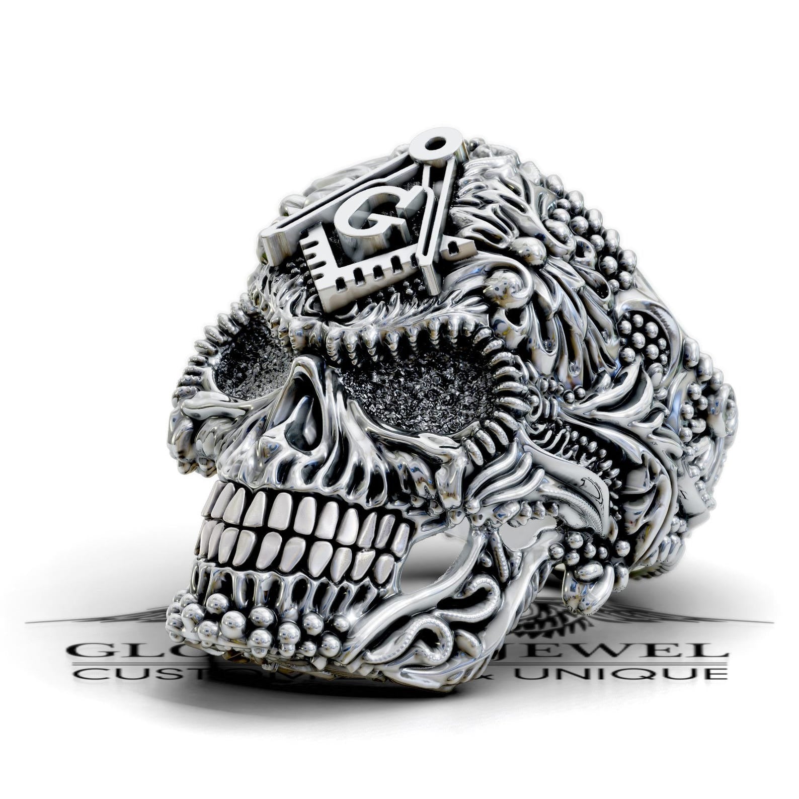 Master Mason Blue Lodge Ring - Skull Square & Compass G Various Materials - Bricks Masons