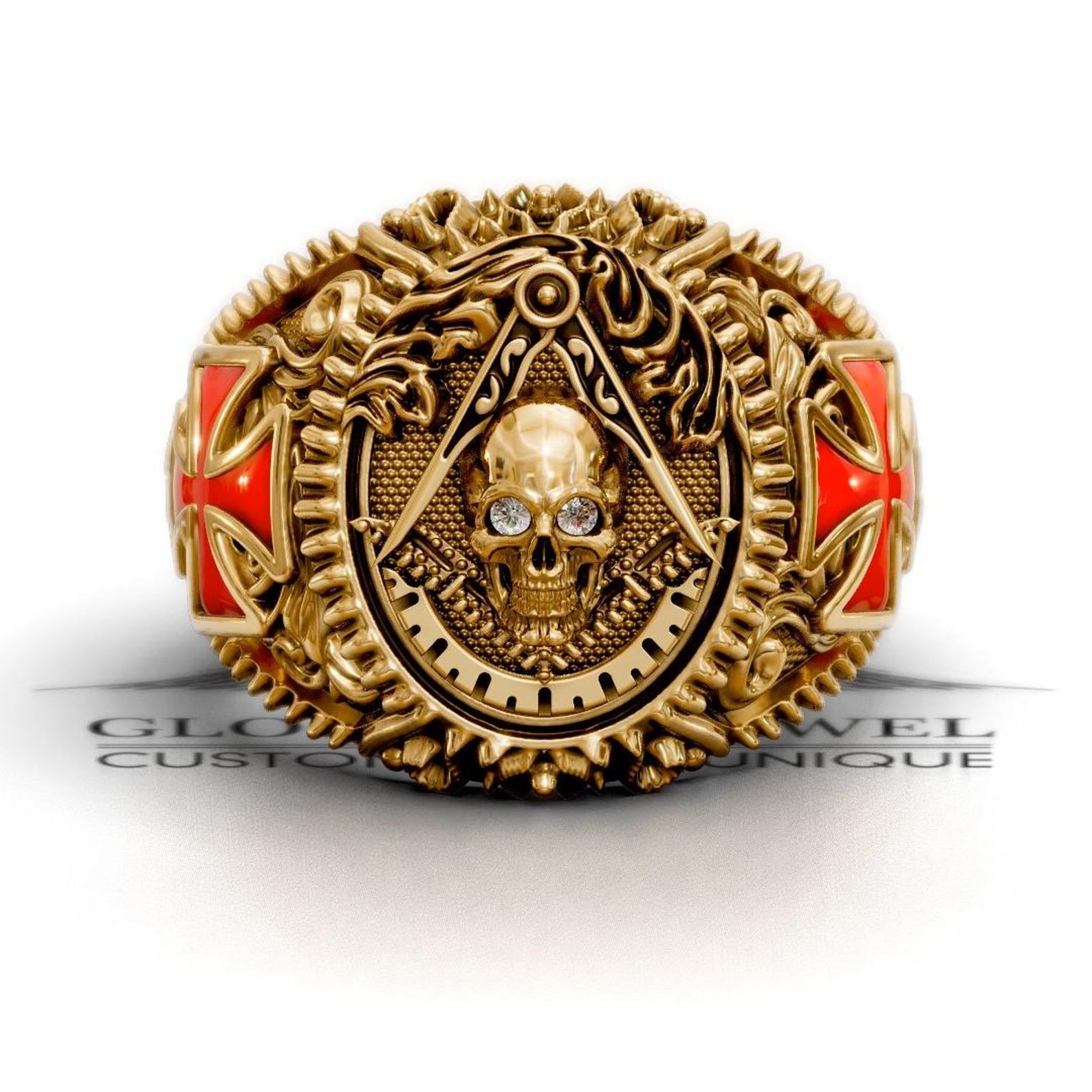 Master Mason Blue Lodge Ring - Square & Compass With Skull & Red Cross - Bricks Masons