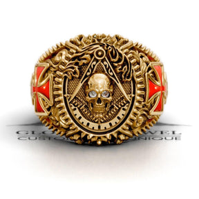 Master Mason Blue Lodge Ring - Square & Compass With Skull & Red Cross - Bricks Masons