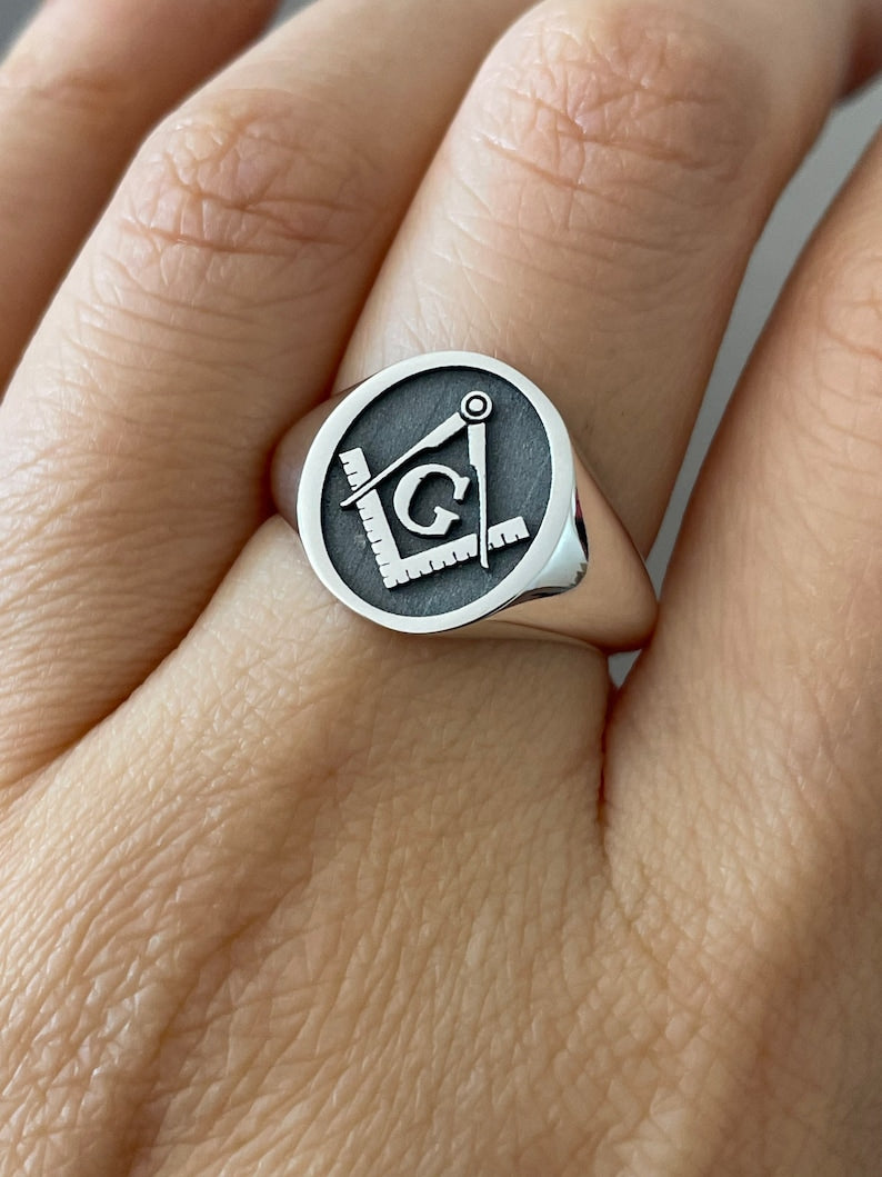 Master Mason Blue Lodge Ring - 10K to 18K Gold Plated 925 Sterling Silver Square & Compass G - Bricks Masons