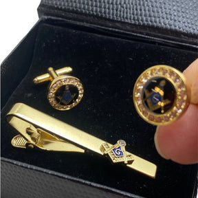 Master Mason Blue Lodge Cufflinks - Gold Crystal Tie Clip Set - Bricks Masons