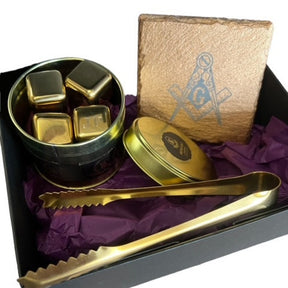 Master Mason Blue Lodge Reusable Ice Cubes - Gold Tongs Slate Coaster 6 Piece Gift Set - Bricks Masons