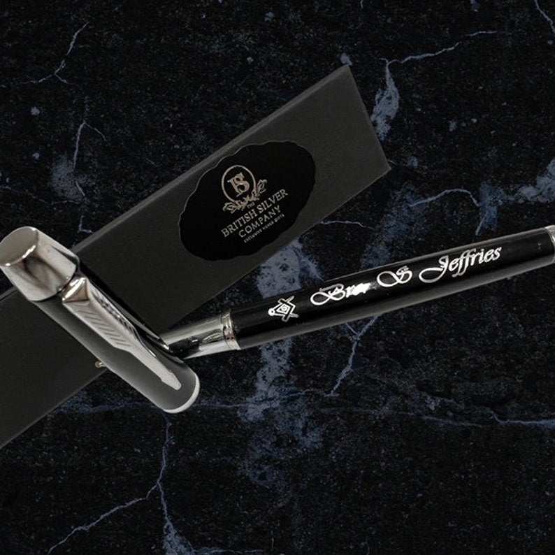 Master Mason Blue Lodge Pen - Silver Engraved Black Ink Rollerball Gift Set - Bricks Masons
