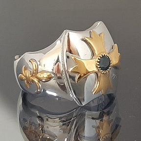 Knights Templar Ring - Gold Plated Cross Sterling Silver & Blue Sapphire - Bricks Masons