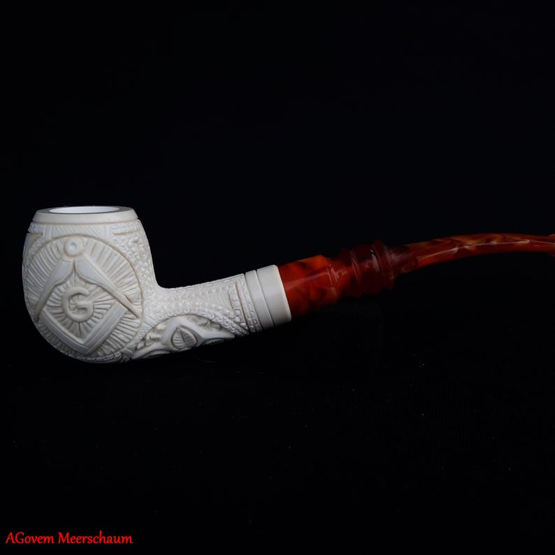 Master Mason Blue Lodge Meerschaum Pipe - Natural Bee wax Square & Compass G - Bricks Masons