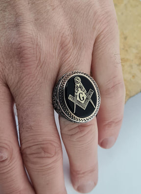 Master Mason Blue Lodge Ring - Handmade Sterling Silver Onyx - Bricks Masons