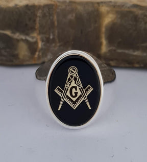 Master Mason Blue Lodge Ring - Handmade Sterling Silver Onyx - Bricks Masons