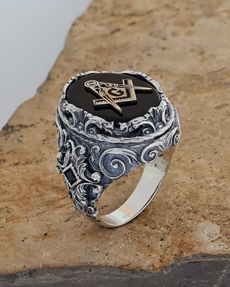 Master Mason Blue Lodge Ring - Handmade Sterling Silver Onyx - Bricks Masons