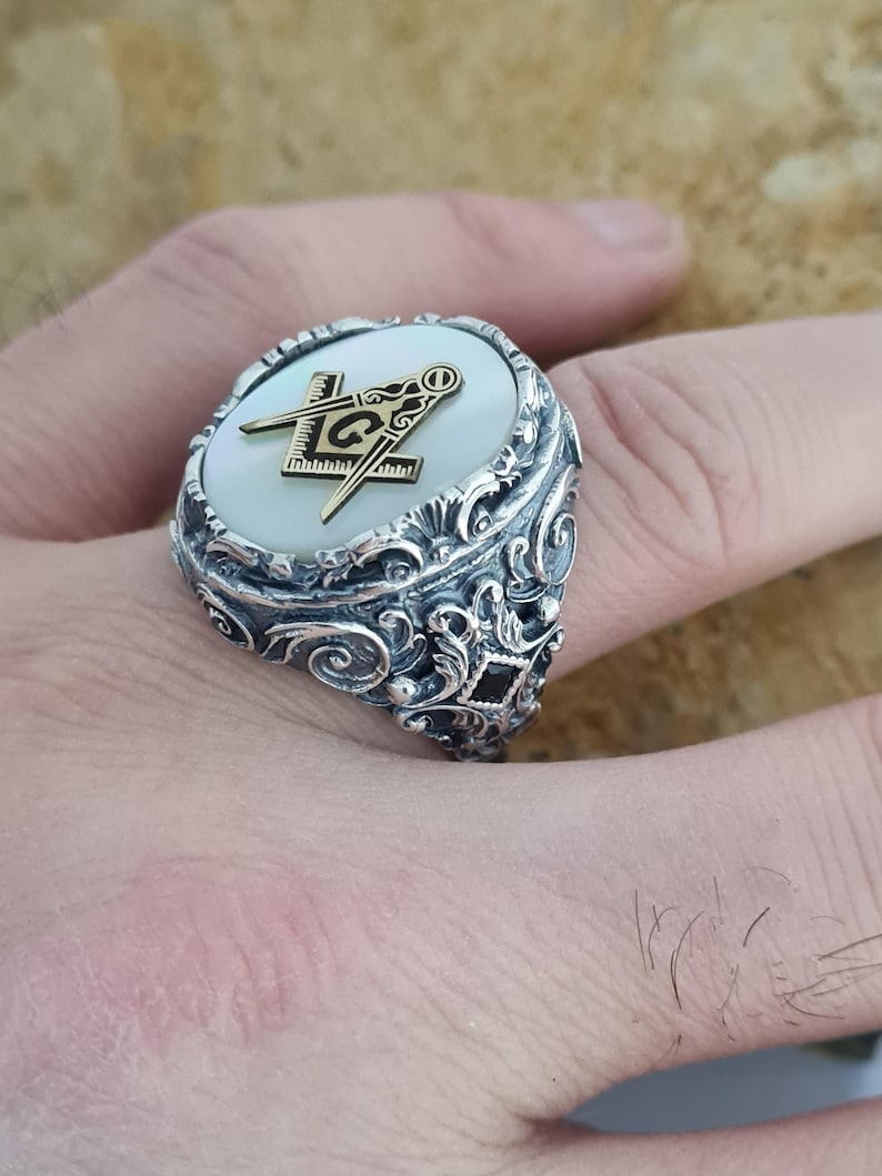 Master Mason Blue Lodge Ring - Handmade Sterling Silver Mother of Pearl - Bricks Masons
