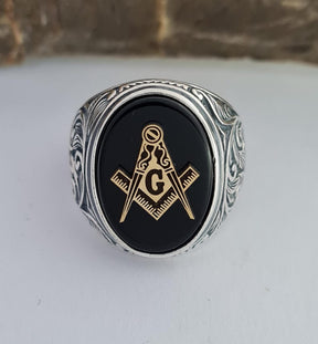 Master Mason Blue Lodge Ring - Sterling Silver Onyx - Bricks Masons