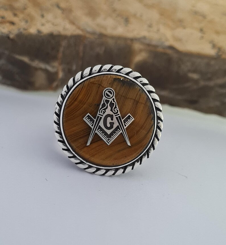 Master Mason Blue Lodge Ring - Tiger Eye 925 Silver - Bricks Masons